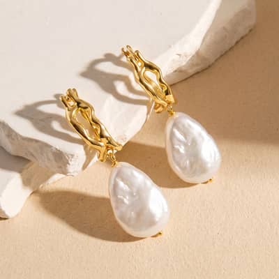 925 Sterling Silver Natural Freshwater Baroque Pearl Irregular Hoop Dangle Earrings detail 1