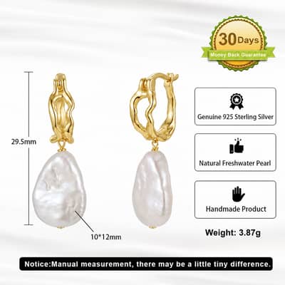 925 Sterling Silver Natural Freshwater Baroque Pearl Irregular Hoop Dangle Earrings detail 6
