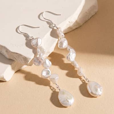 925 Sterling Silver Freshwater Baroque Pearl Long Drop Dangle Earrings Hypoallergenic detail 1