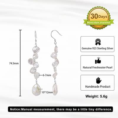 925 Sterling Silver Freshwater Baroque Pearl Long Drop Dangle Earrings Hypoallergenic detail 6
