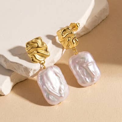 Freshwater Pearl Drop Earrings with Gold Plated 925 Sterling Silver Spiral Texture Geometric Shape detail 1