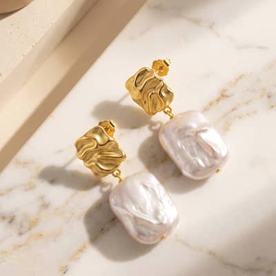 Freshwater Pearl Drop Earrings with Gold Plated 925 Sterling Silver Spiral Texture Geometric Shape detail 3