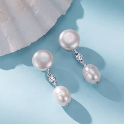925 Sterling Silver Double Freshwater Pearl Dangle Drop Earrings with Zircon Accent Elegant detail 1