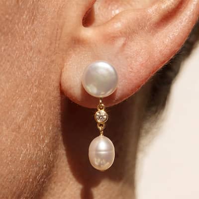 925 Sterling Silver Double Freshwater Pearl Dangle Drop Earrings with Zircon Accent Elegant detail 2