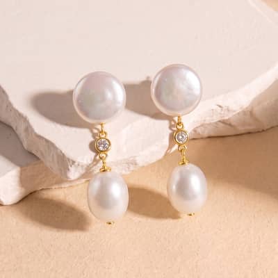 925 Sterling Silver Double Freshwater Pearl Dangle Drop Earrings with Zircon Accent Elegant detail 3