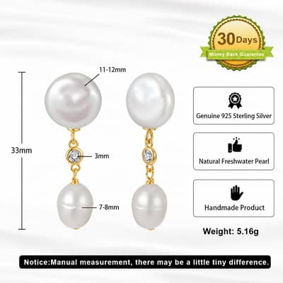 925 Sterling Silver Double Freshwater Pearl Dangle Drop Earrings with Zircon Accent Elegant detail 6