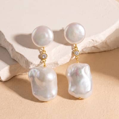925 Sterling Silver Freshwater Baroque Pearl Drop Earrings 14K Gold Plated CZ Inlaid Dangle detail 1
