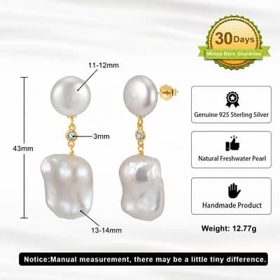 925 Sterling Silver Freshwater Baroque Pearl Drop Earrings 14K Gold Plated CZ Inlaid Dangle detail 6