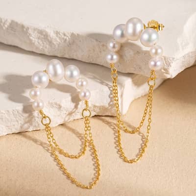 925 Sterling Silver Natural Freshwater Pearl 14K Gold Plated Double Chain Tassel Drop Earrings detail 2