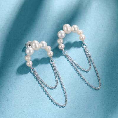 925 Sterling Silver Natural Freshwater Pearl 14K Gold Plated Double Chain Tassel Drop Earrings detail 5