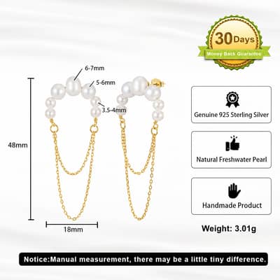 925 Sterling Silver Natural Freshwater Pearl 14K Gold Plated Double Chain Tassel Drop Earrings detail 6