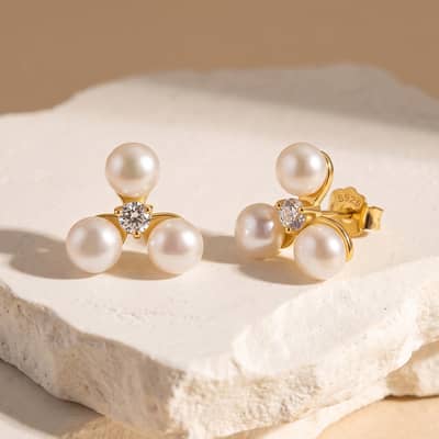 Gold Plated 925 Sterling Silver Freshwater Pearl Stud Earrings 3mm Zircon Accent Elegant detail 1