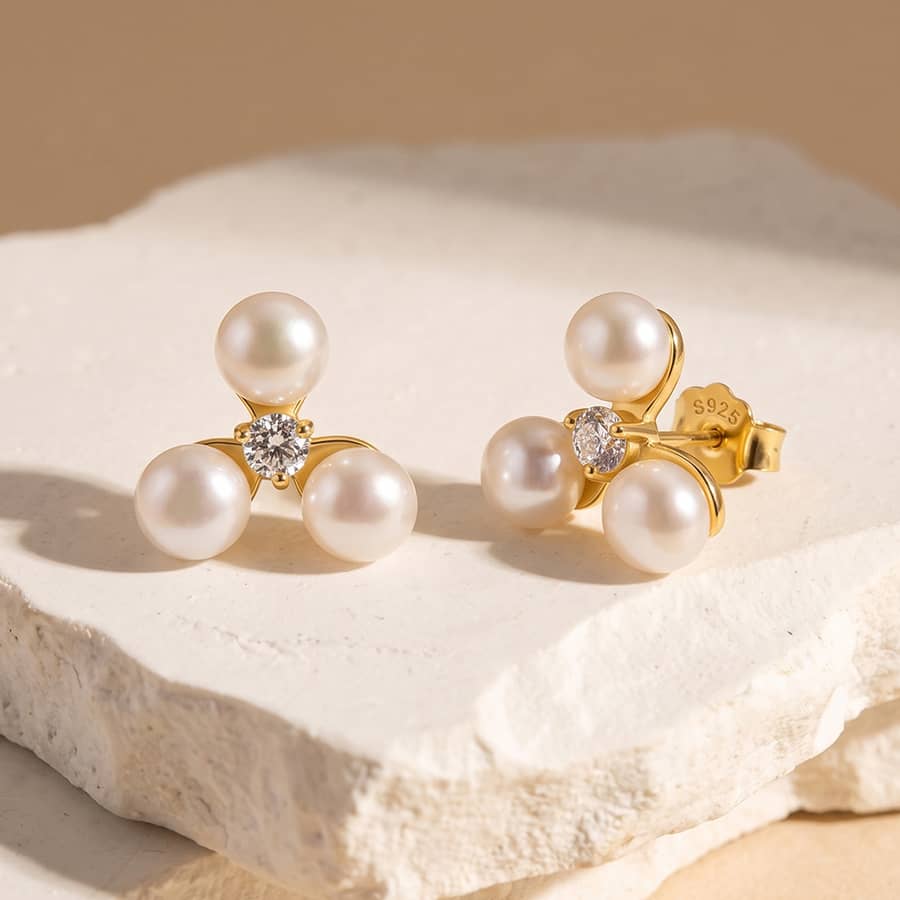 Gold Plated 925 Sterling Silver Freshwater Pearl Stud Earrings 3mm Zircon Accent Elegant - main