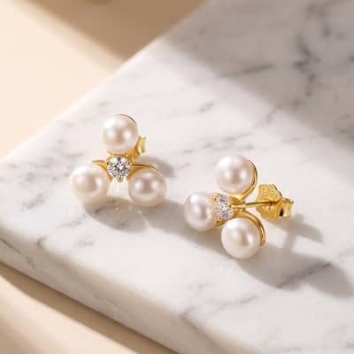 Gold Plated 925 Sterling Silver Freshwater Pearl Stud Earrings 3mm Zircon Accent Elegant detail 3