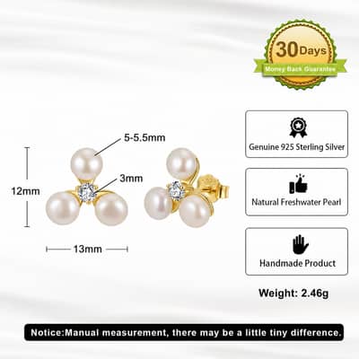 Gold Plated 925 Sterling Silver Freshwater Pearl Stud Earrings 3mm Zircon Accent Elegant detail 6