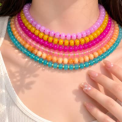 Colorful Gemstone Beaded Necklace, Natural Stone Waterproof Stainless Steel detail 1