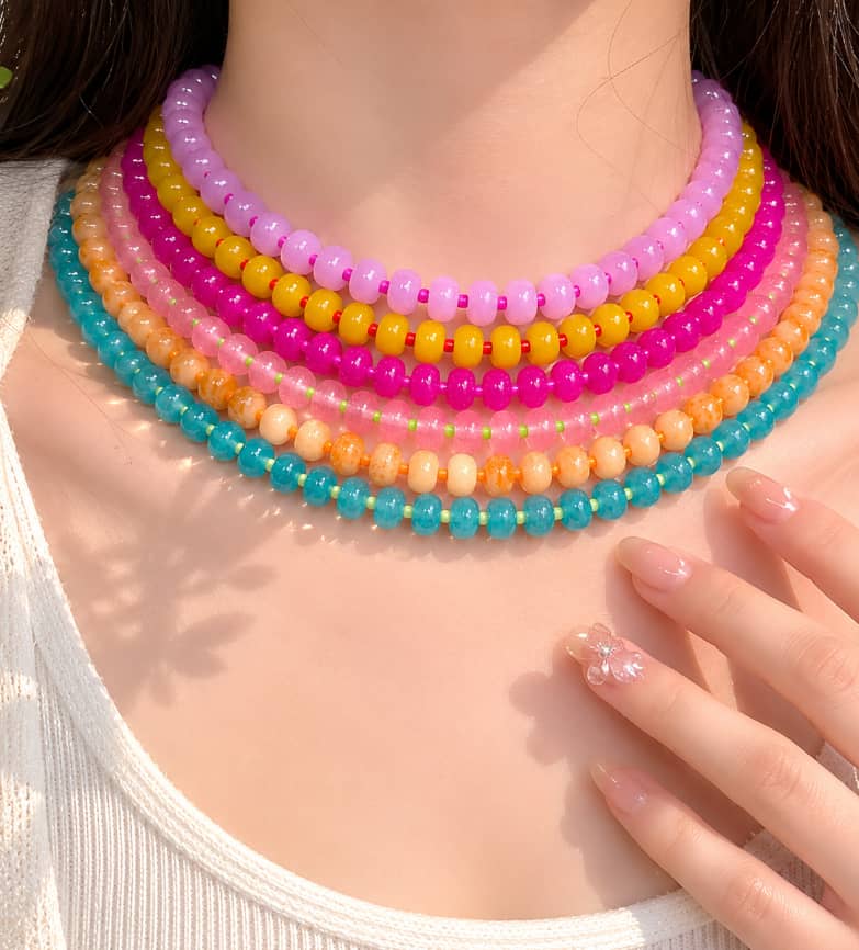 Colorful Gemstone Beaded Necklace, Natural Stone Waterproof Stainless Steel - main