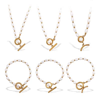 Stainless Steel Freshwater Pearl OT Clasp Necklace Waterproof 18K Beads Pearl Bracelet Set detail 1