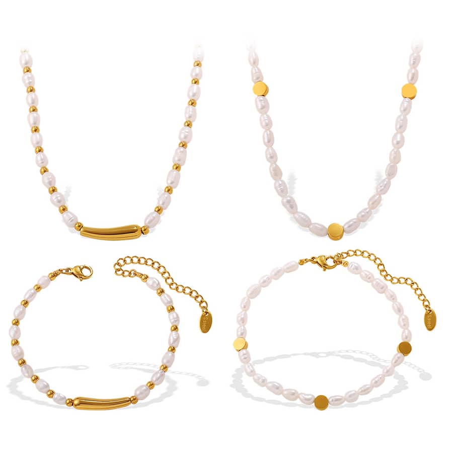 Minimalist Baroque Freshwater Pearl Bracelet Necklace Set Waterproof Stainless Steel Handmade - main