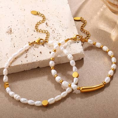 Minimalist Baroque Freshwater Pearl Bracelet Necklace Set Waterproof Stainless Steel Handmade detail 3