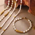 Minimalist Baroque Freshwater Pearl Bracelet Necklace Set Waterproof Stainless Steel Handmade 5