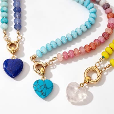 Beaded Natural Stone Necklace, Stone Heart Crystal Pendant Sailor Clasp Stainless Steel detail 1