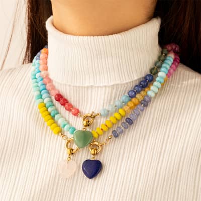 Beaded Natural Stone Necklace, Stone Heart Crystal Pendant Sailor Clasp Stainless Steel detail 3