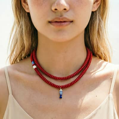 Boho Stainless Steel Fish Charm Red Bead Double Layer Handmade Stone Beaded Choker detail 1