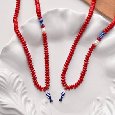 Boho Stainless Steel Fish Charm Red Bead Double Layer Handmade Stone Beaded Choker detail 4