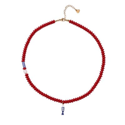Boho Stainless Steel Fish Charm Red Bead Double Layer Handmade Stone Beaded Choker detail 5