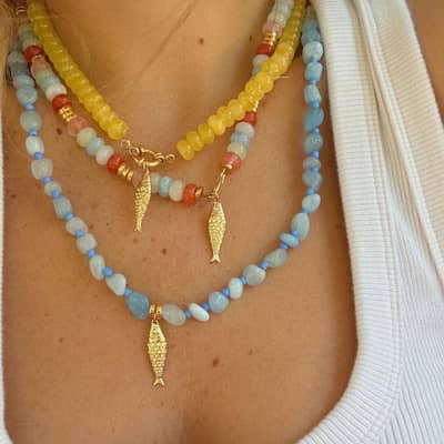 Boho Handmade Multicolor Natural Stone Bead Choker, Non-Tarnish Stainless Steel Fish Charm detail 1