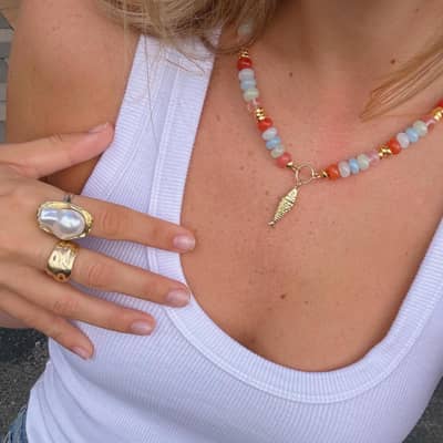 Boho Handmade Multicolor Natural Stone Bead Choker, Non-Tarnish Stainless Steel Fish Charm detail 2