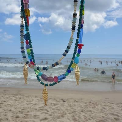 Boho Handmade Multicolor Natural Stone Bead Choker, Non-Tarnish Stainless Steel Fish Charm detail 3