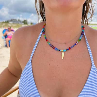 Boho Handmade Multicolor Natural Stone Bead Choker, Non-Tarnish Stainless Steel Fish Charm detail 5