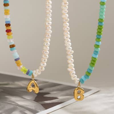 Natural Gemstone Letter Necklace, Bubble Gold Letter Pendant Freshwater Pearl Beaded detail 1