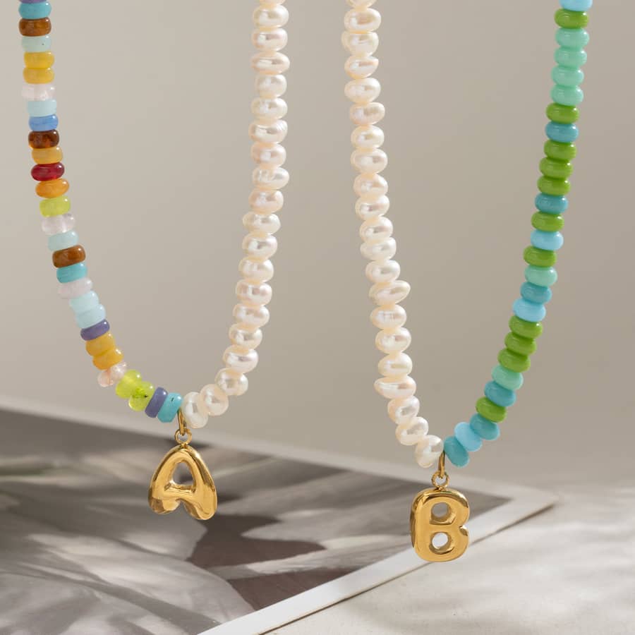 Natural Gemstone Letter Necklace, Bubble Gold Letter Pendant Freshwater Pearl Beaded - main