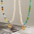 Natural Gemstone Letter Necklace, Bubble Gold Letter Pendant Freshwater Pearl Beaded 1