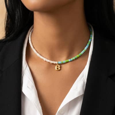 Natural Gemstone Letter Necklace, Bubble Gold Letter Pendant Freshwater Pearl Beaded detail 5