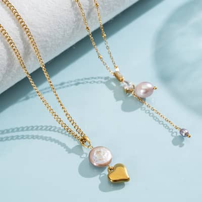 Baroque Freshwater Pearl Necklace, 18K PVD Colorfast Y-Shaped Pearl Teardrop 316 Stainless Steel detail 2