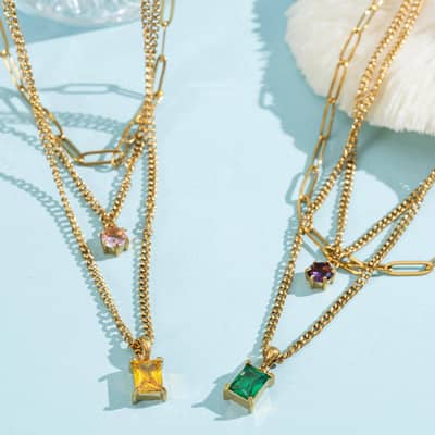 Stainless Steel Multi-Layer Necklace, Square Zircon Pendant Colorfast 18K Gold Chain Gemstone detail 1