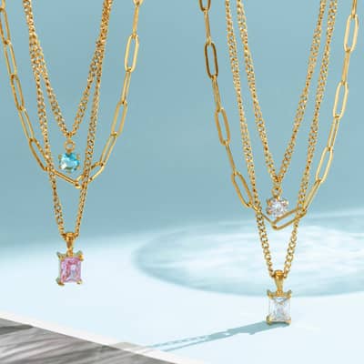 Stainless Steel Multi-Layer Necklace, Square Zircon Pendant Colorfast 18K Gold Chain Gemstone detail 2