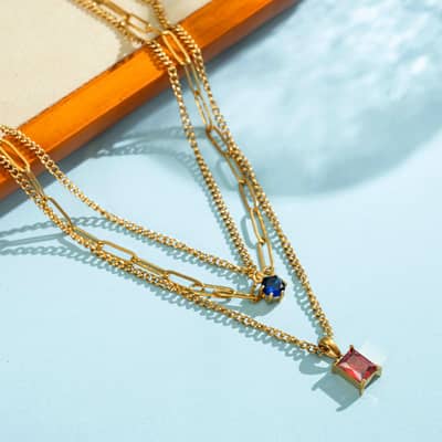 Stainless Steel Multi-Layer Necklace, Square Zircon Pendant Colorfast 18K Gold Chain Gemstone detail 3