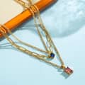 Stainless Steel Multi-Layer Necklace, Square Zircon Pendant Colorfast 18K Gold Chain Gemstone 3