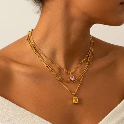 Stainless Steel Multi-Layer Necklace, Square Zircon Pendant Colorfast 18K Gold Chain Gemstone detail 4