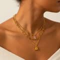Stainless Steel Multi-Layer Necklace, Square Zircon Pendant Colorfast 18K Gold Chain Gemstone 4