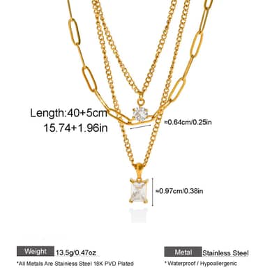 Stainless Steel Multi-Layer Necklace, Square Zircon Pendant Colorfast 18K Gold Chain Gemstone detail 5