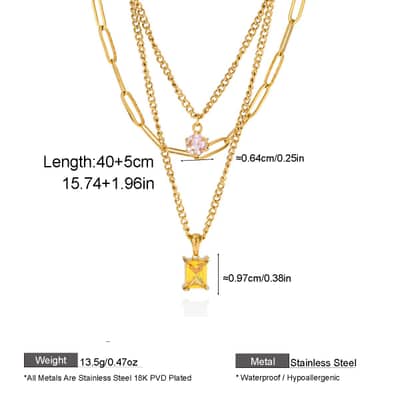 Stainless Steel Multi-Layer Necklace, Square Zircon Pendant Colorfast 18K Gold Chain Gemstone detail 6