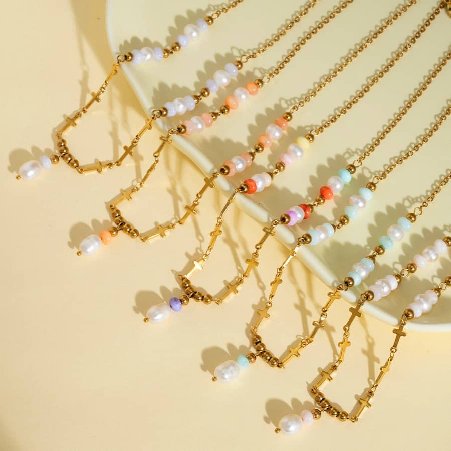 Stainless Steel 18K Gold Cross Charm Necklace With Freshwater Pearl Drop Choker, Dainty Stackable Boho - main