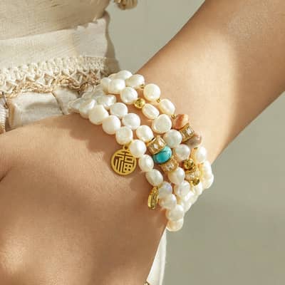 Vintage Style Freshwater Pearl Natural Stone Bracelet Stainless Steel 18K Gold Handmade Beads Bracelet detail 3