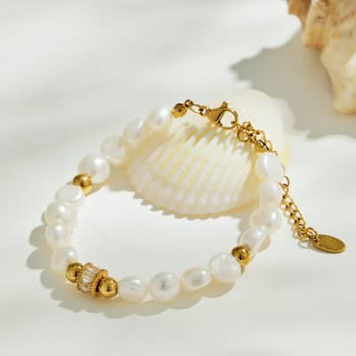 Vintage Style Freshwater Pearl Natural Stone Bracelet Stainless Steel 18K Gold Handmade Beads Bracelet detail 5